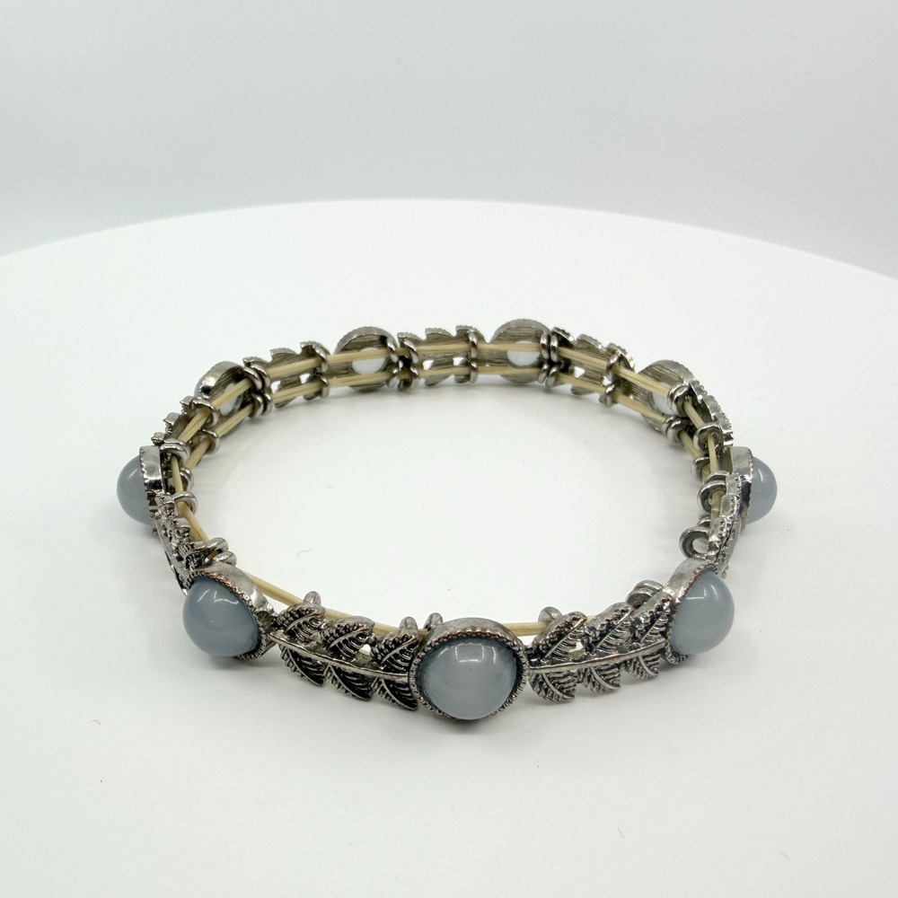 Vintage Silver Tone Light Blue Stone Leaf Link Stretch Bracelet Boho Statement